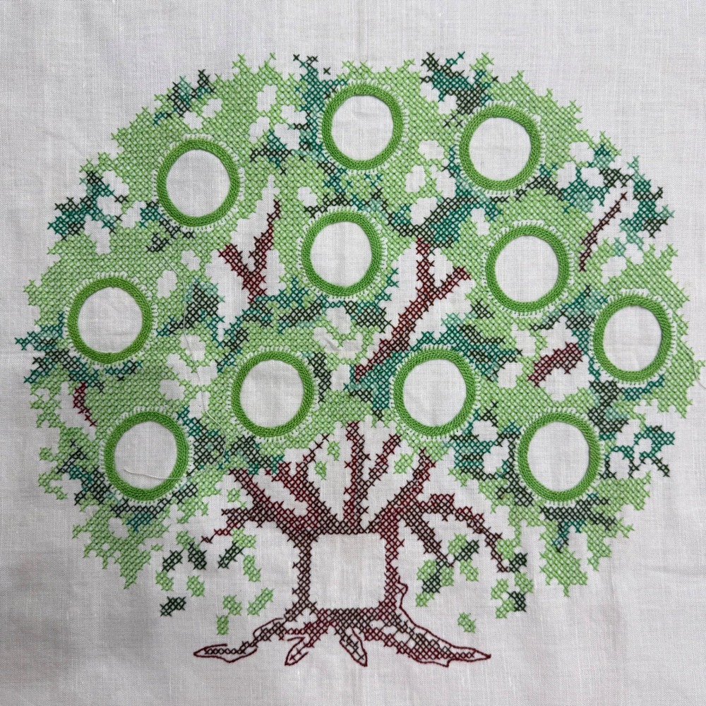 Handmade Completed‎ Cross Stitch Family Tree Photo Frame Embroidery Green Brown
